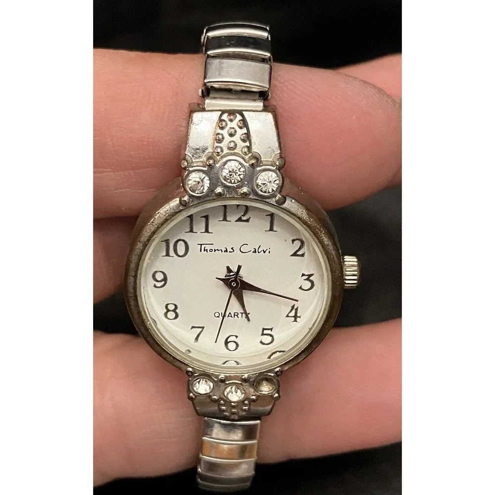 Thomas Calvi Quartz Crystal Rhinestone Bezel VTG Women’s Watch Silver Tone Works